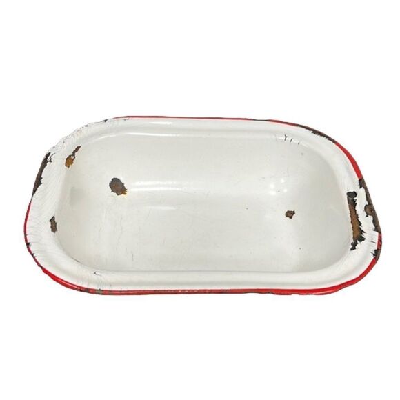Vintage Farmhouse Enamelware Roasting Pan White with Red Band Trim. - Picture 1 of 10